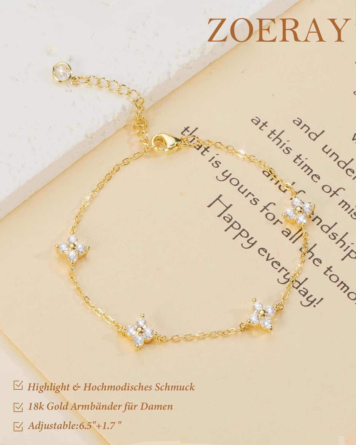ZOERAY Bracelet Femme Argent Or en Trefle à 4 Feuilles Réglable Bracelet 18K Plaqué Or en Zircon Cubique Papillon Fleur Bracelets Amitié Parure Bijoux Idée Cadeau Marraine Anniversaire Femme Fille