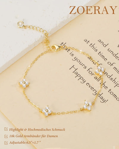 ZOERAY Bracelet Femme Argent Or en Trefle à 4 Feuilles Réglable Bracelet 18K Plaqué Or en Zircon Cubique Papillon Fleur Bracelets Amitié Parure Bijoux Idée Cadeau Marraine Anniversaire Femme Fille