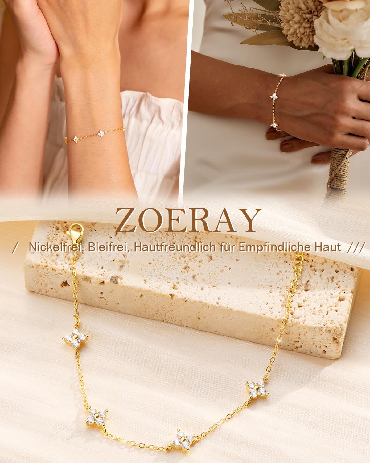 ZOERAY Bracelet Femme Argent Or en Trefle à 4 Feuilles Réglable Bracelet 18K Plaqué Or en Zircon Cubique Papillon Fleur Bracelets Amitié Parure Bijoux Idée Cadeau Marraine Anniversaire Femme Fille