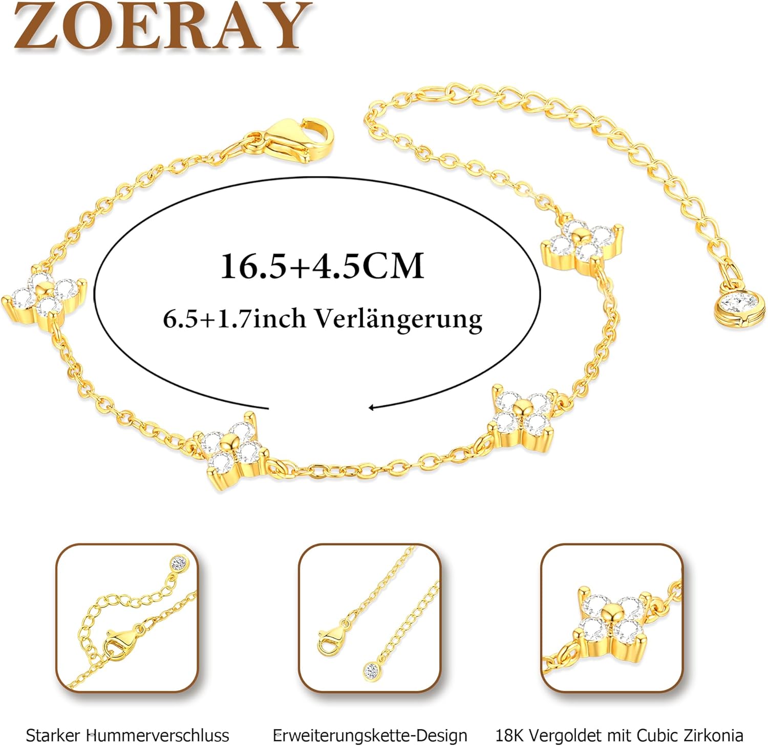 ZOERAY Bracelet Femme Argent Or en Trefle à 4 Feuilles Réglable Bracelet 18K Plaqué Or en Zircon Cubique Papillon Fleur Bracelets Amitié Parure Bijoux Idée Cadeau Marraine Anniversaire Femme Fille