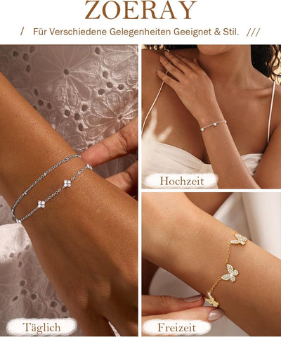 ZOERAY Bracelet Femme Argent Or en Trefle à 4 Feuilles Réglable Bracelet 18K Plaqué Or en Zircon Cubique Papillon Fleur Bracelets Amitié Parure Bijoux Idée Cadeau Marraine Anniversaire Femme Fille